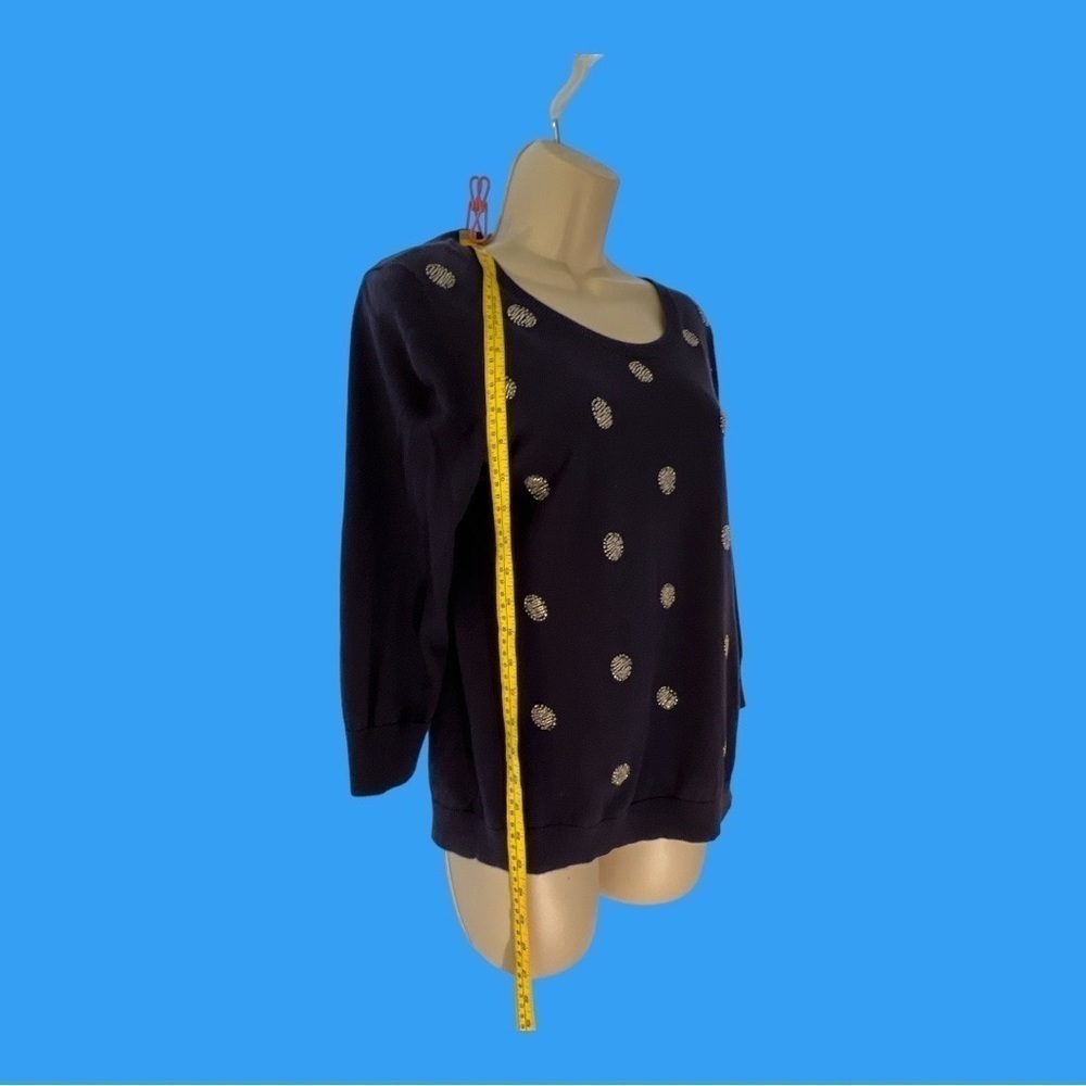 Navy 3/4 Sleeve Scoop Neck Lightweight Sweater with Beaded Large Dots M/L - Picture 3 of 5